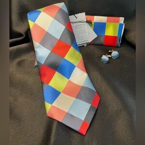 NWT- Multicolor Checker Silk Tie and Pocket Square Set
